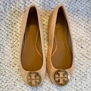 Tory Burch Sable Perforated Reva Ballet Flats with Gold Logo